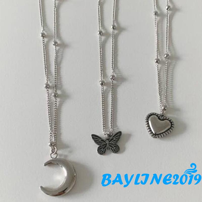 Bộ 3 Vòng cổ hợp kim mặt hình bướm mặt trăng trái tim sáng tạo cho nữ