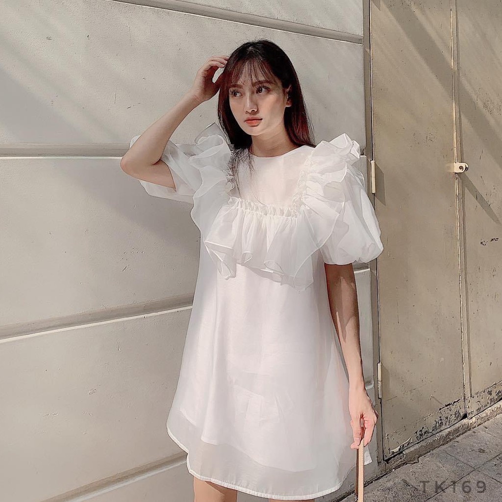 Đầm babydoll voan xốp bèo vuông tay phồng
