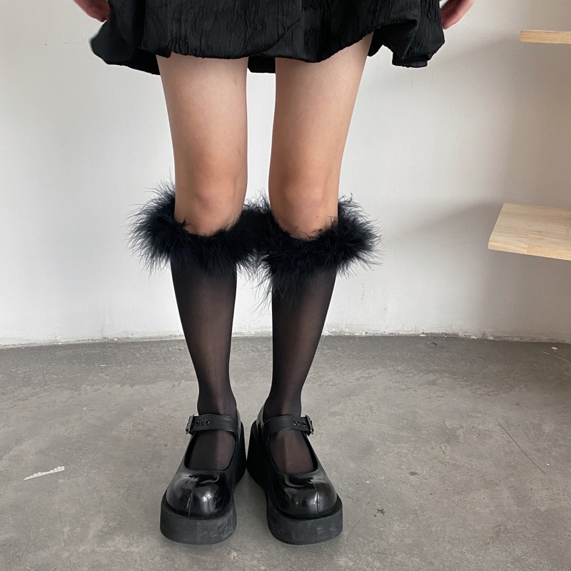 Xiangbao Vớ Cao Đến Đầu Gối Vải Lụa Mỏng Phối Lông Vũ Phong Cách Nhật Bản Ngọt Ngào Cho Nữ