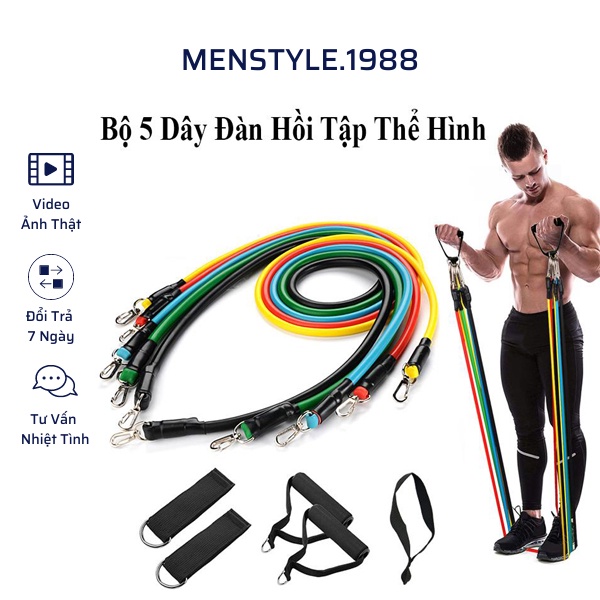 Bộ năm dây tập ngũ sắc đàn hồi kháng lực tập thể hình (full box phụ kiện)