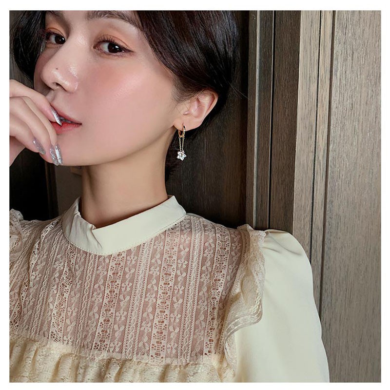 Khuyên Tai Dáng Dài Hình Hoa Đính Đá Zircon Phong Cách Retro Thời Trang Hàn Quốc