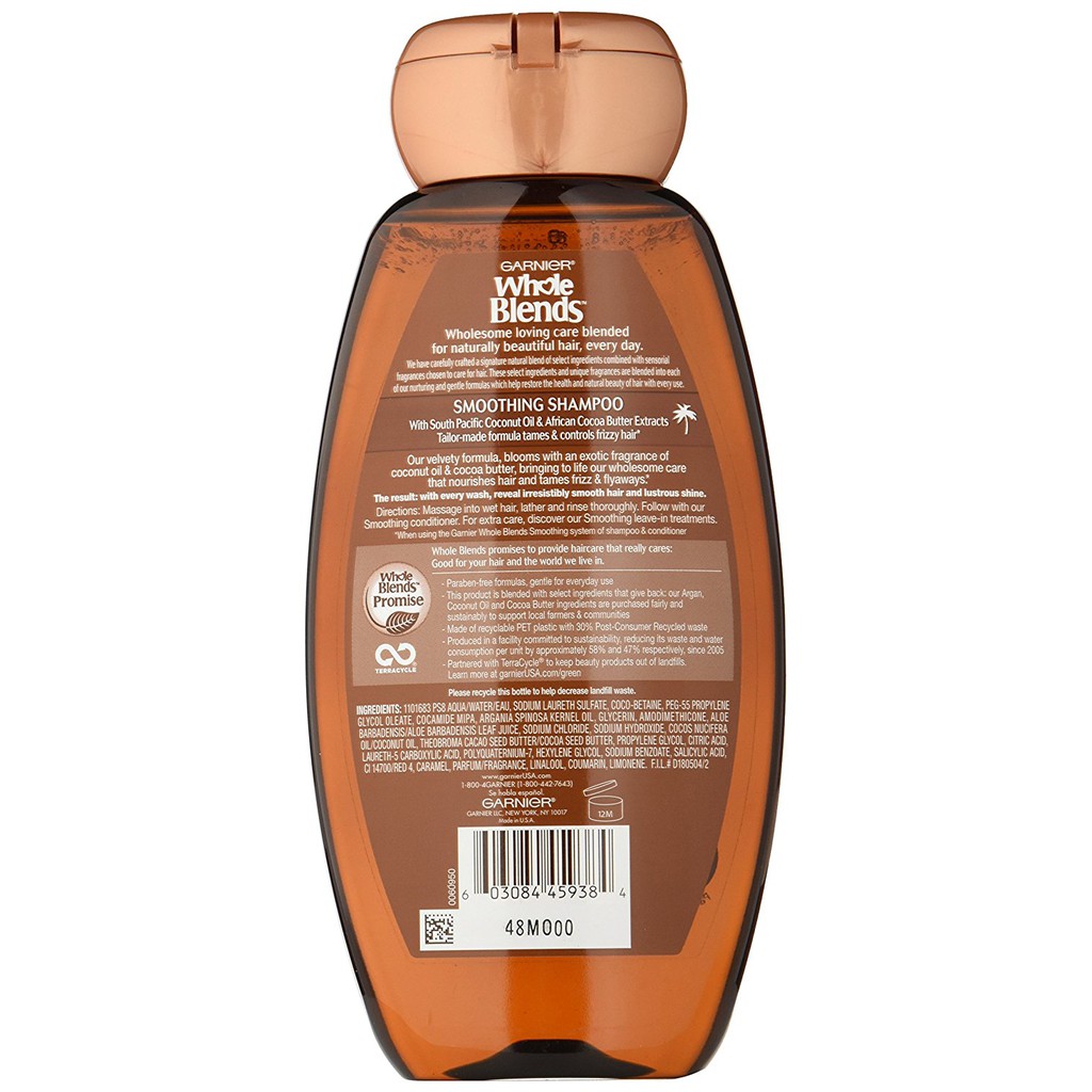 Dầu gội giúp mượt tóc Garnier Whole Blends Smoothing Shampoo Coconut Oil & Cocoa Butter extracts 370ml (Mỹ)