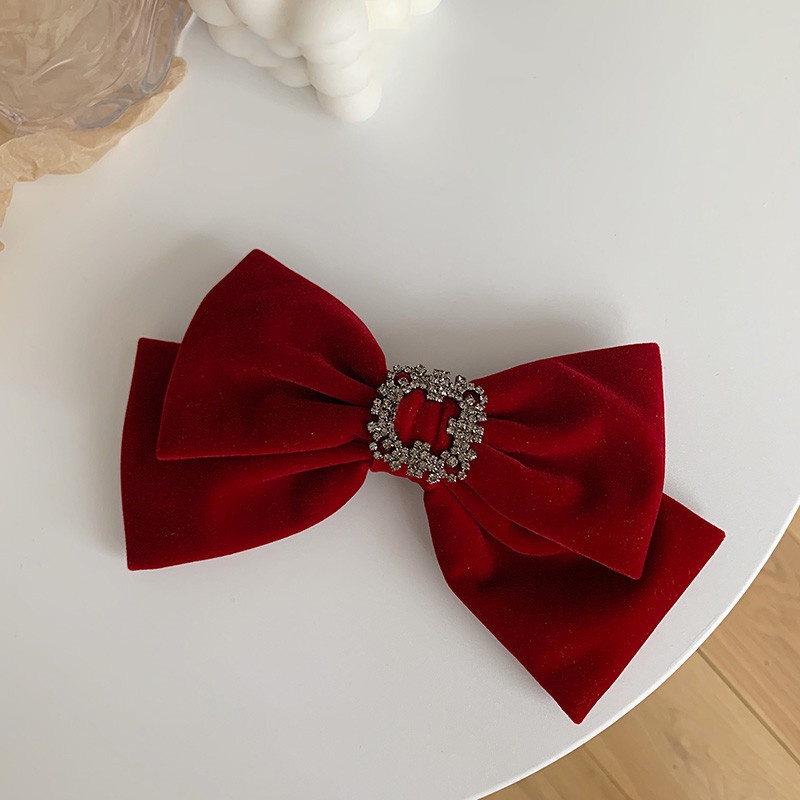 Kẹp Tóc Nơ Vải Nhung Màu Đỏ Đen Phong Cách Vintage