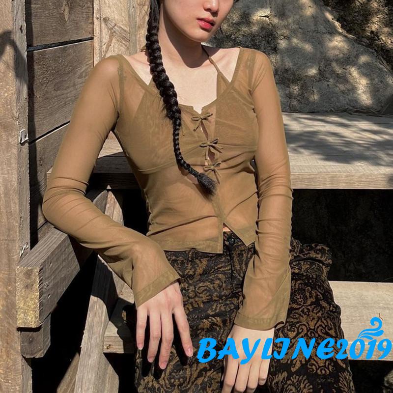 Áo Croptop Tay Dài Màu Trơn Phối Nơ Thời Trang Cho Nữ