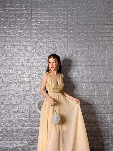Đầm maxi dự tiệc 2 dây kết cườm TRIPBLE T DRESS -size M/L (kèm ảnh/video thật) MS18V