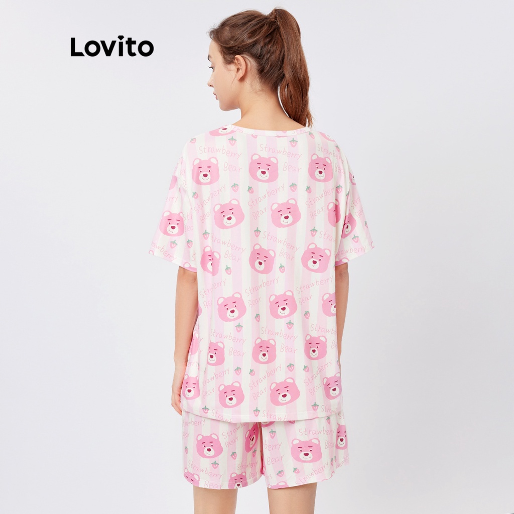Set pajamas Lovito họa tiết hoạt hình đáng yêu cơ bản thoáng khí L26AD082 (màu hồng nhạt)
