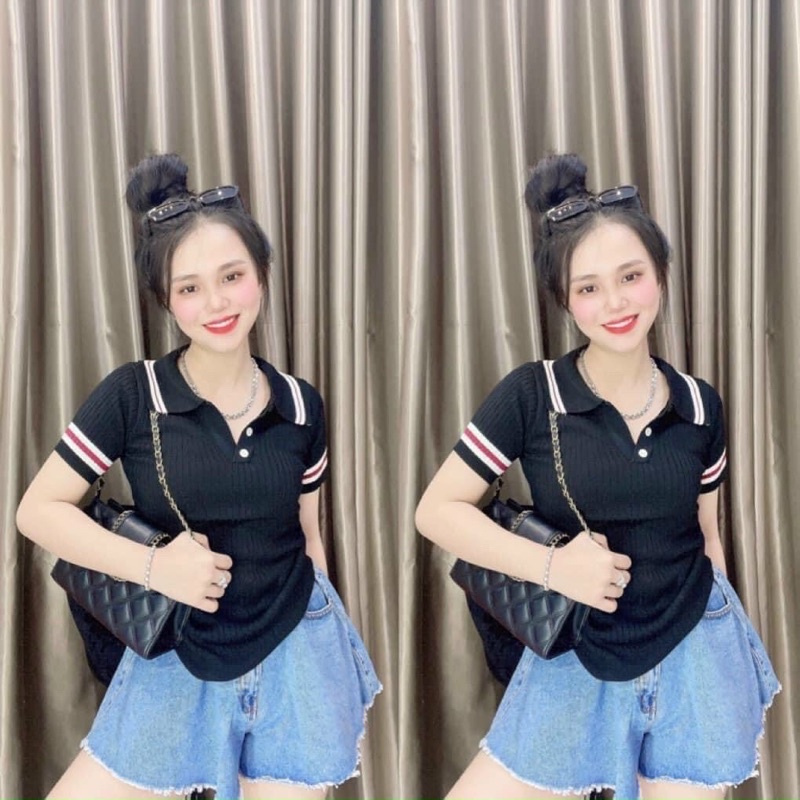 Áo thun body tay ngắn phối sọc chạy viền