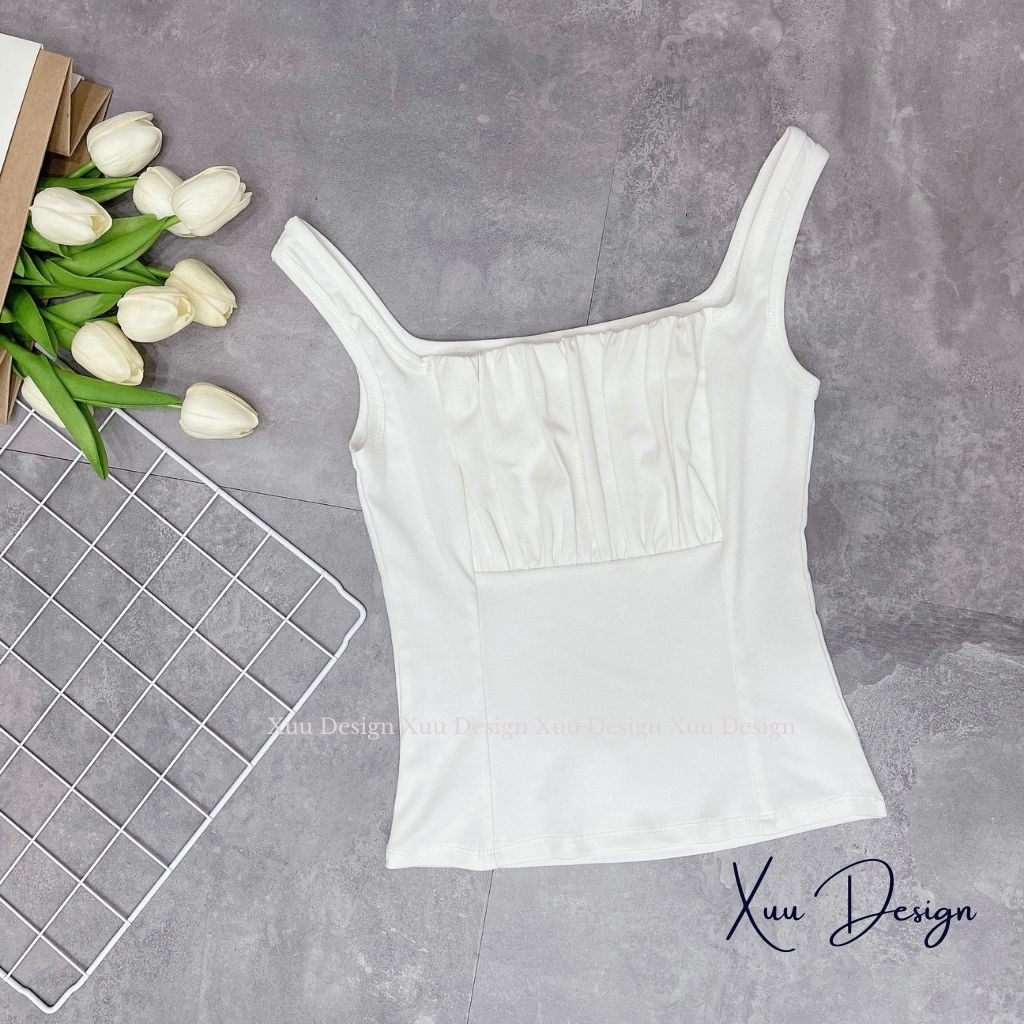 Áo croptop nhúm ngực chất cotton Xuu Design, áo 2 dây body co dãn Xuu Design AD08