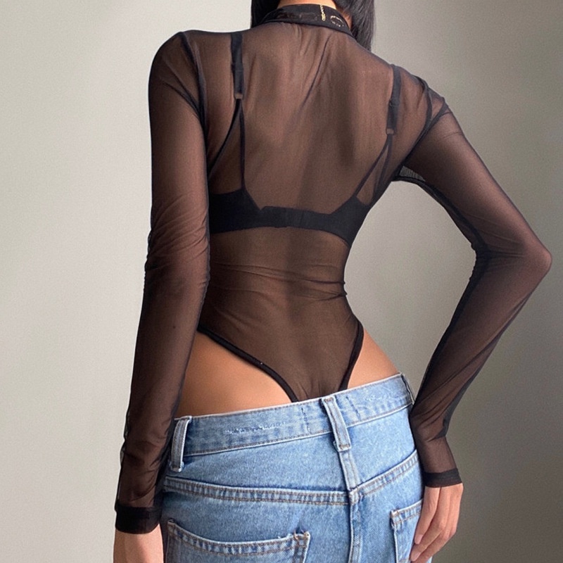 DUNEA Jumpsuit Tay Dài Xuyên Thấu Phối Khoá Kéo