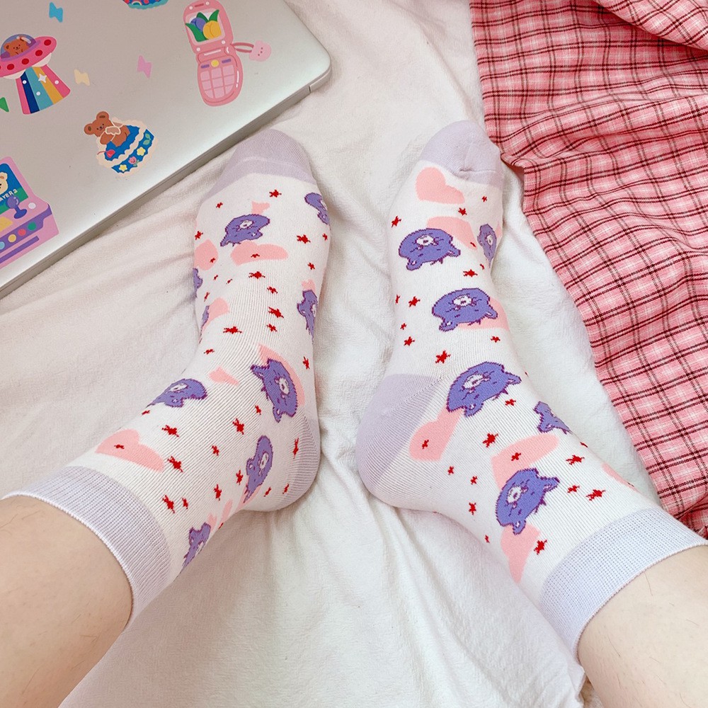 Tất Vớ Nữ Cao Cổ Cotton Viền Nhún Màu Họa Tiết Cute