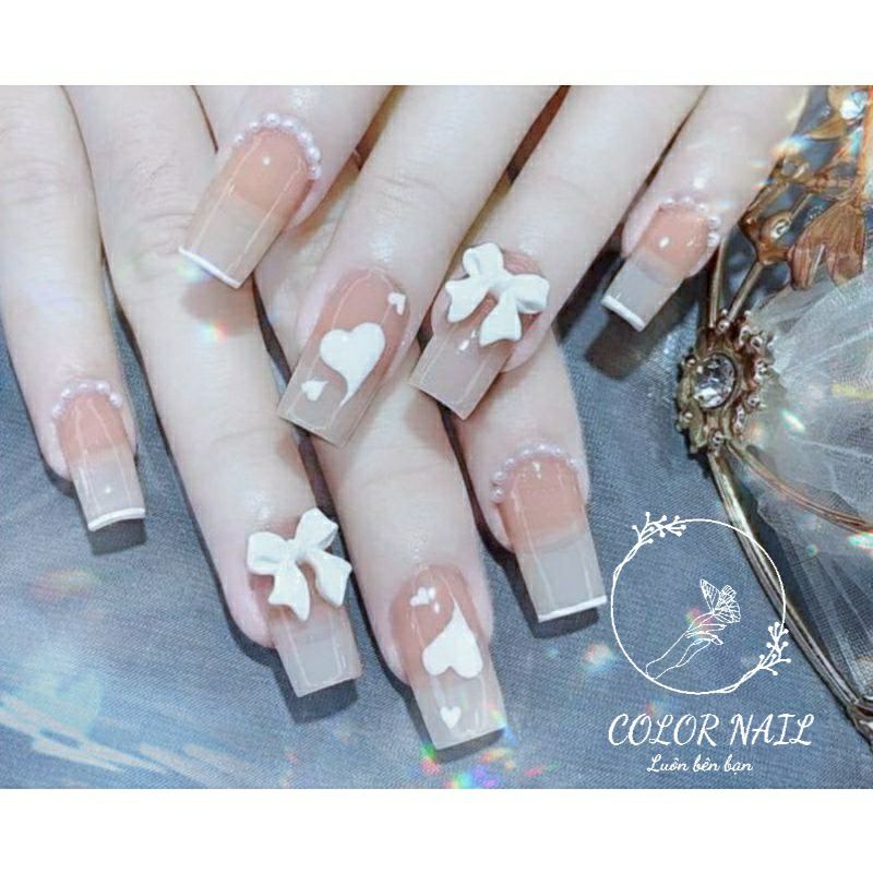 Nail box - Móng up thiết kế : Tim nơ trắng