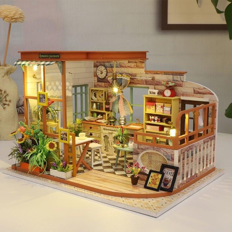 (Tặng mica,keo sữa,đèn)Mô hình nhà búp bê bé tự lắp ráp đô chơi bằng gỗ Diy Doll house S002