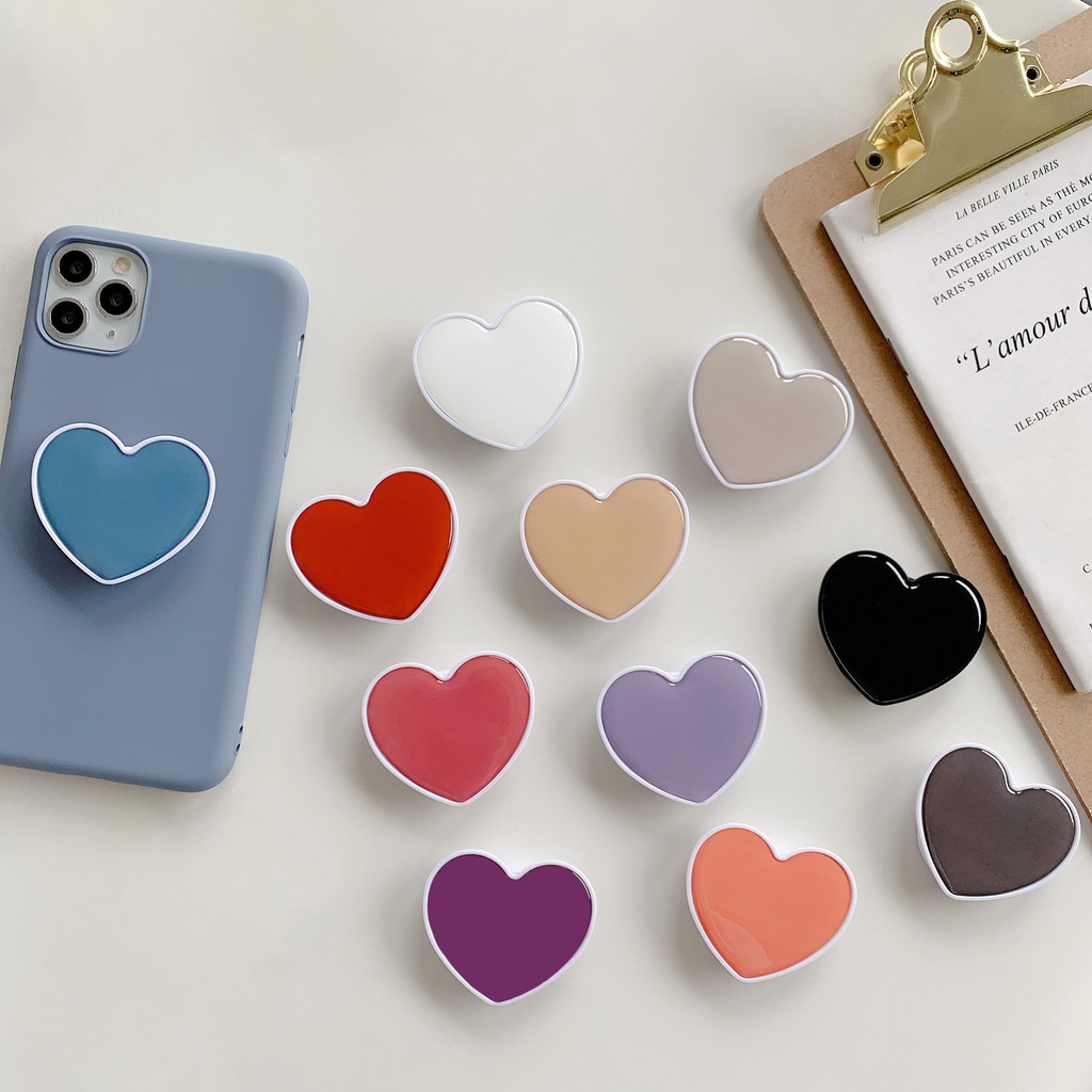 Popsocket giá đỡ điện thoại pop up in bóng trái tim màu trơn pastel viền trắng dễ thương | BigBuy360 - bigbuy360.vn