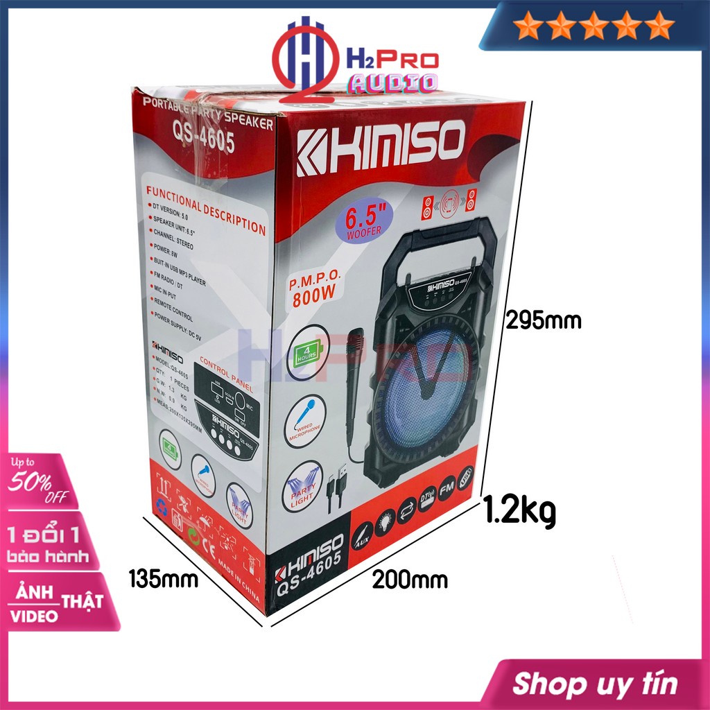 Loa Bluetooth Karaoke Mini, loa hát không dây Kimiso QS-4605 bass 16 cao cấp-led 7 màu, Tặng 1 Mic có dây-Shop H2pro