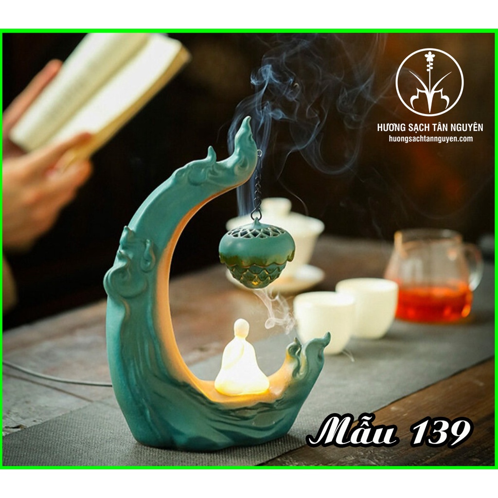 Thác khói trầm hương có đèn led Tân Nguyên, thác khói quan âm, Phật ngắm hoa sen tỏa khói CÓ ĐÈN SÁNG, Hướng thiên TK139