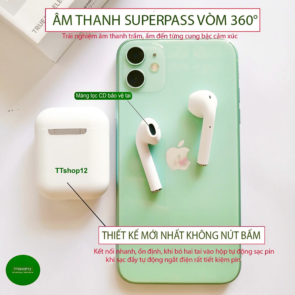 Tai nghe bluetooth InPods 12 chính hãng âm Superbass chống nước IPX4 cảm biến vân tay 1 chạm nghe nhạc siêu hay