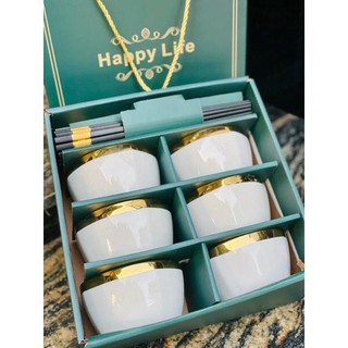 Set bát sứ viền vàng gồm 6 đôi đũa kháng khuẩn siêu sang