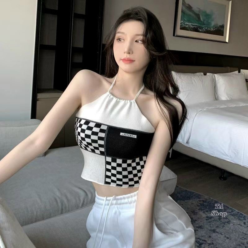Áo yếm croptop phối caro cá tính