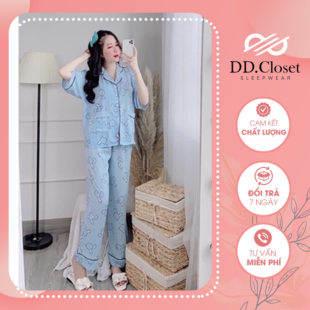 Bộ đồ ngủ pijama nữ cộc tay quần dài chất lụa Kate Thái mềm mịn màu xanh nhạt họa tiết thỏ trắng - CD0066