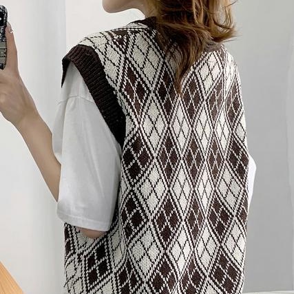 SUXI Áo Len Nữ Không Tay Cổ Chữ V Form Rộng Theo Phong Cách Vintage Đơn Giản