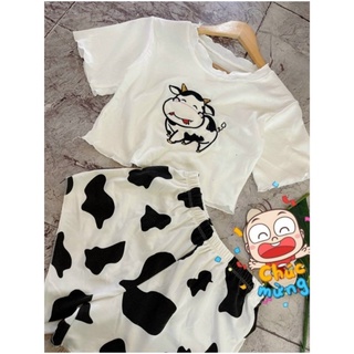 Bộ Nữ Croptop Họa Tiết Bò Sữa (Áo Rời Quần Rời)👗 Set Nữ Áo Hai Dây Kèm Quần Sooc Siêu Xinh