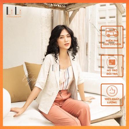 Bộ Vest Nữ Công Sở Áo Khoác Blazer Tay Lửng Và Quần Suông Cạp Cao Mặc Đi Làm Chất Vải Linen Cao Cấp
