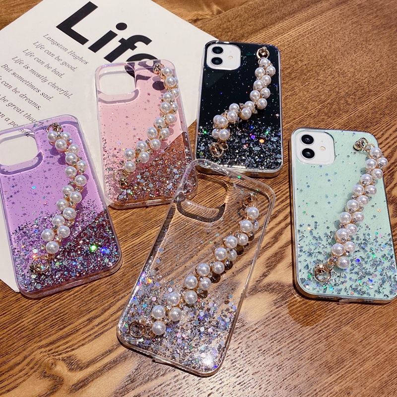 Ốp Điện Thoại Mềm Đính Ngọc Trai Lấp Lánh Chống Sốc Kèm Dây Đeo Tay Cho iPhone 12 13 Pro Max 13