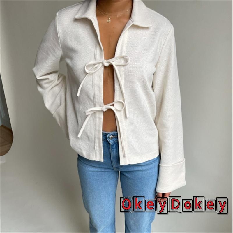 Áo Khoác Cardigan Tay Dài Cổ Bẻ Buộc Dây Phía Trước Màu Trơn Giản Dị Dành Cho Bạn Nữ