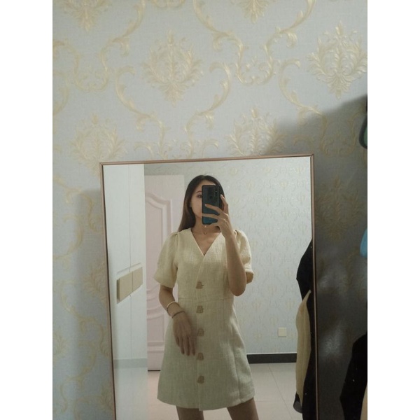 Đầm váy ngắn tay vải thô phong cách trẻ trung thanh lịch công sở