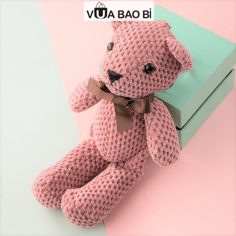 Gấu bông Teddy đan len, gấu teddy bông 18cm quà tặng nhồi bông, phụ kiện trang trí (Hồng/Xám)