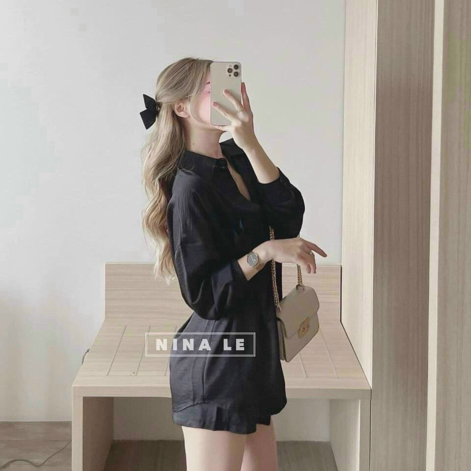 Sét bộ đồ nữ tuyết nhưng áo sơ mi tay dài kèm quần đùi trẻ trung sang trọng thanh lịch siêu xinh