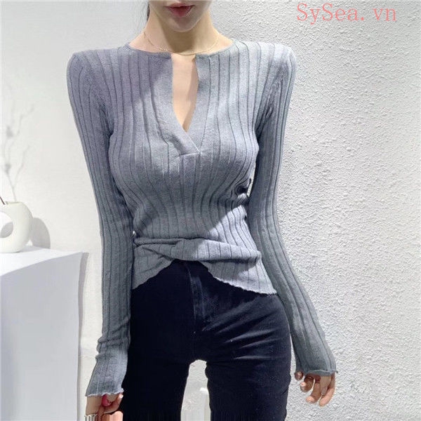 Áo Dệt Kim Tay Dài Cổ Chữ V Gợi Cảm Thời Trang Cho Nữ