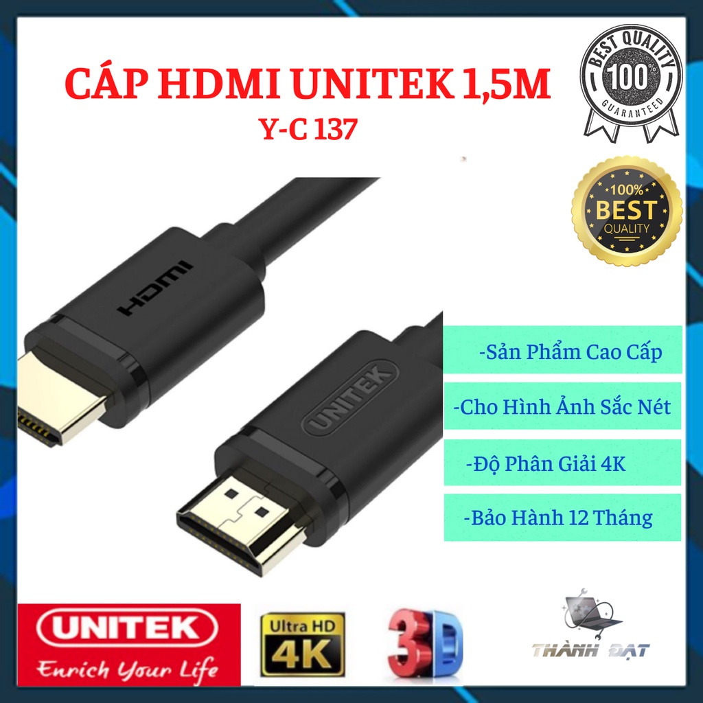 Cáp HDMI Unitek 1,5m Y-C137 - hỗ trợ 4K Ultra HD và 3D