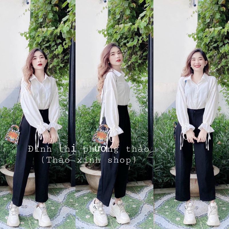 Áo sơ mi tay phồng CỔ BẺ CỘT NƠ rút dây xinh xắn ❤