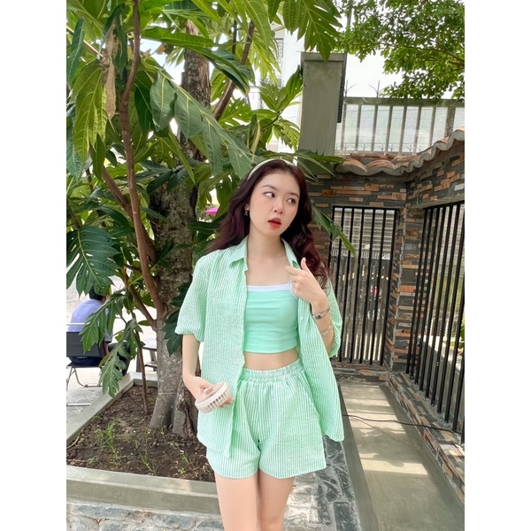 Set Bộ Sơ Mi Sọc Tay Ngắn Kèm Quần Short Lưng Chun Có Lót Chất Liệu Xốp Cotton Màu Xanh Lá Hồng Vàng Xanh Biển - Minipie
