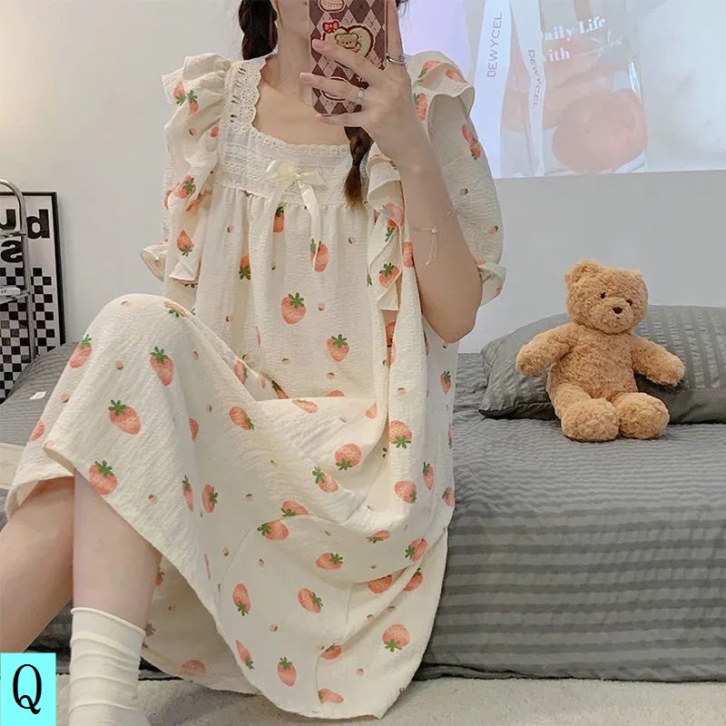 Đầm Ngủ Ngắn Tay Thắt Nút Họa Tiết Dâu Tây Dễ Thương Thời Trang Mùa Hè Cho Nữ