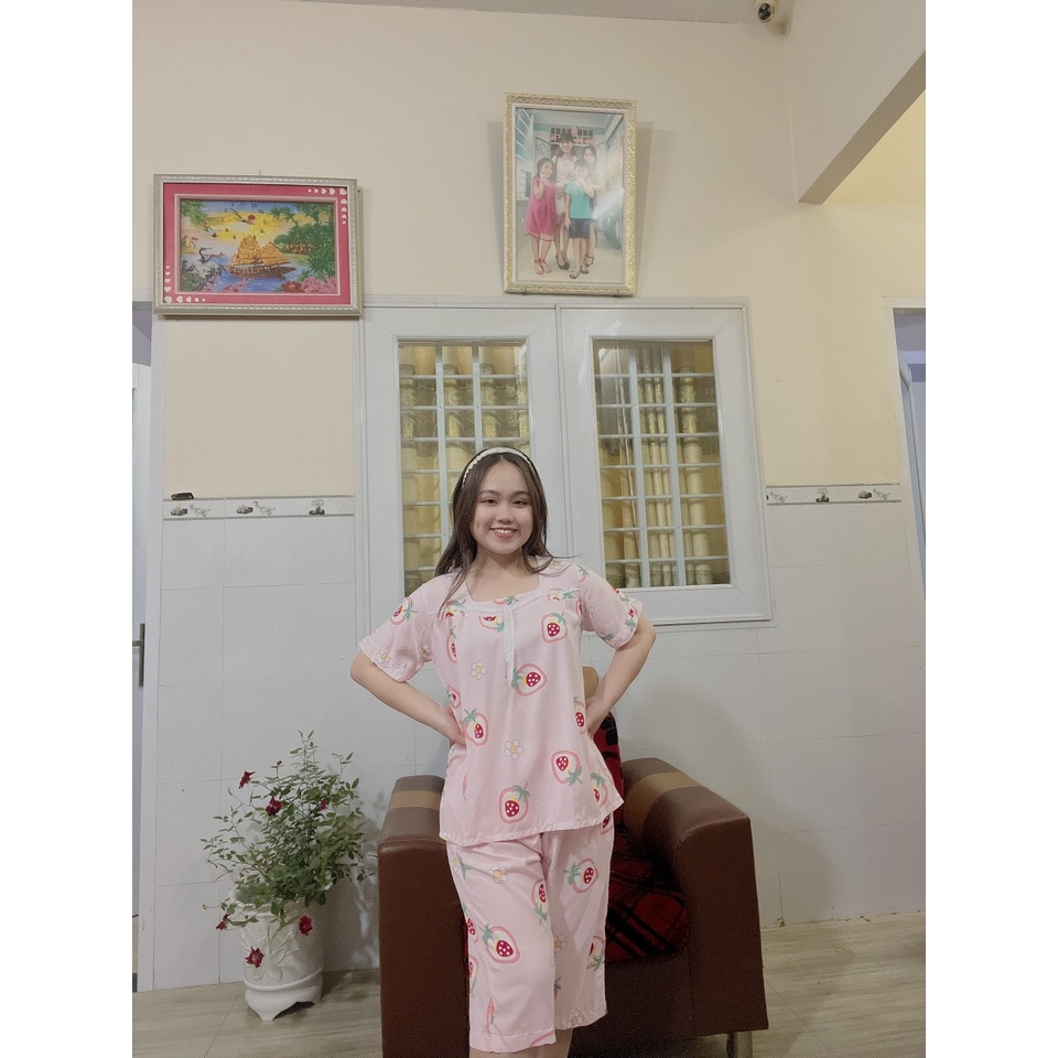 Đồ bộ tole  tay ngắn quần lửng cổ vuông phối ren chất vải tole thoáng mát , họa tiết xinh xắn