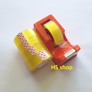 Combo Bàn cắt Băng dính, Băng keo để bàn(Mầu cam) và 05 Cuộn băng dính trong đường kính 6cm, rộng 1,8cm -NPP HS shop