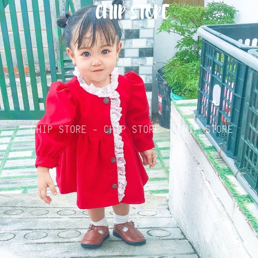 Váy thu đông bé gái 1-7 tuổi CHIP STORE Đầm nhung dài tay màu đỏ cho bé diện Noel Tết đều xinh