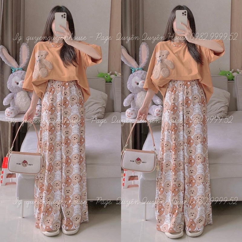 Set áo cotton gấu thêu lông quần suông đáng yêu