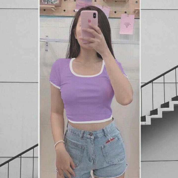 áo croptop nữ tay ngắn cổ vuông ôm body, Croptop nữ ôm ngắn tay cổ chữ U, Áo thun nữ ngắn tay dáng ôm cờ róp tốp