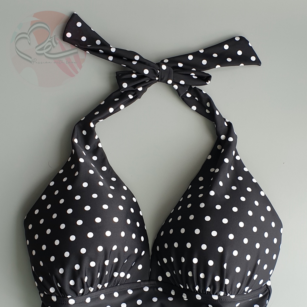 Bộ bơi một mảnh cổ V hoạ tiết chấm bi đen trắng Ral Lau xuất khẩu Mỹ