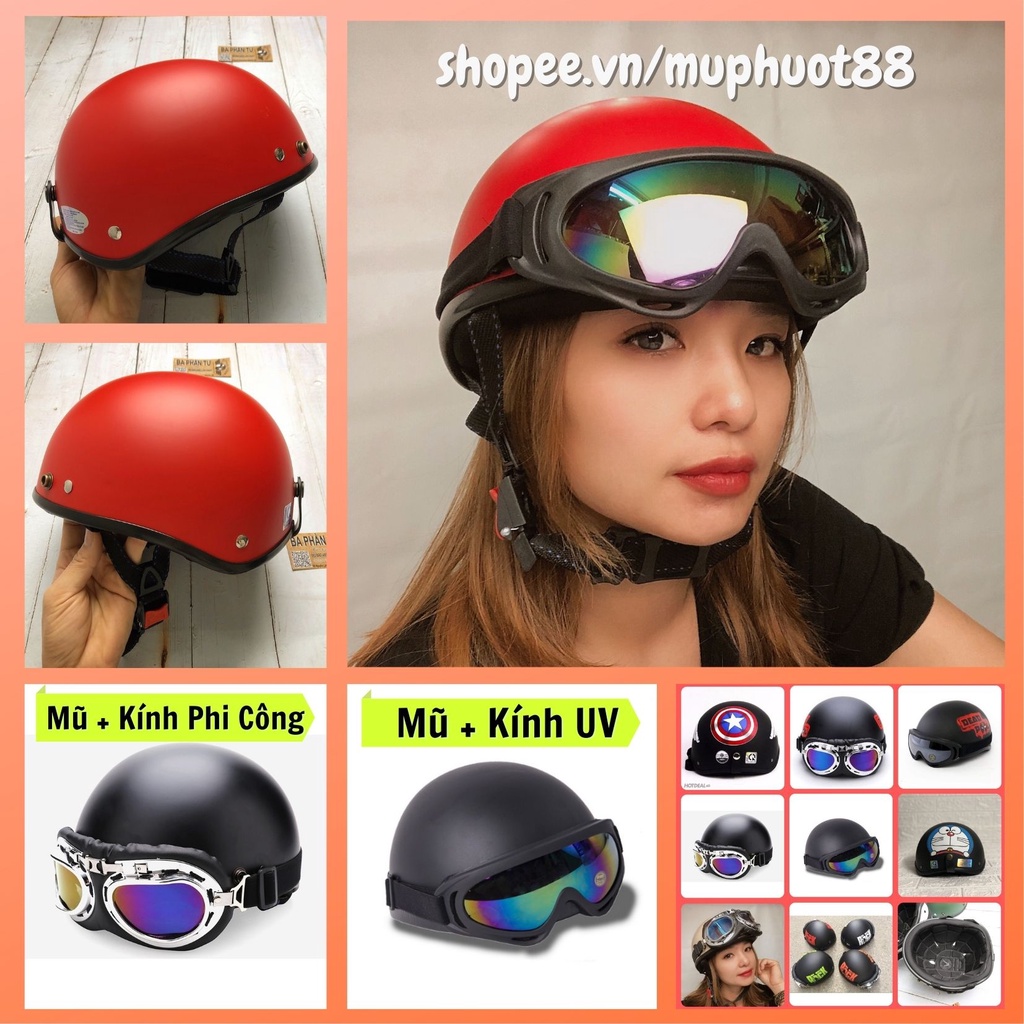 Mũ bảo hiểm nửa đầu 1/2 màu đỏ nhám có kính, Nón bảo hiểm nửa đầu FREE SIZE, CHUẨN CHẤT LƯỢNG CAO