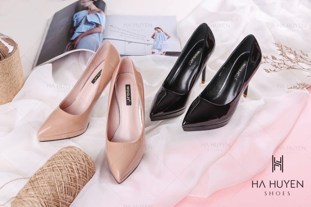 Cao gót da bóng đúp đế đen be