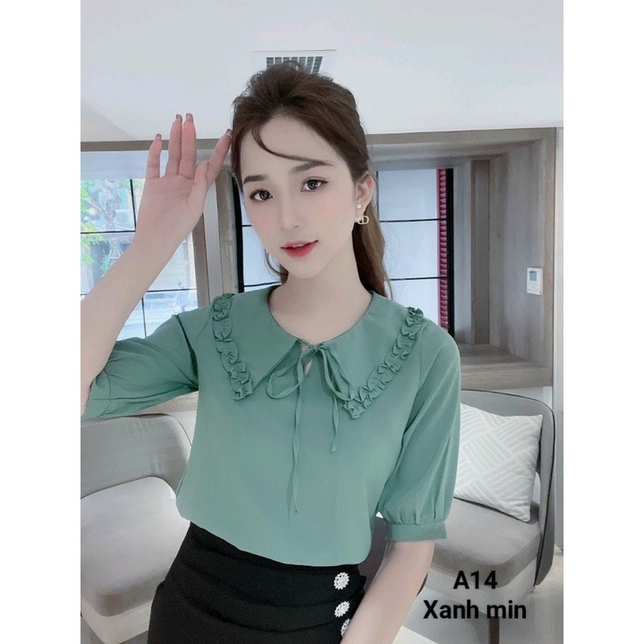 Áo sơ mi phối cổ nhún bèo cột nơ thiết kế Tây Collection