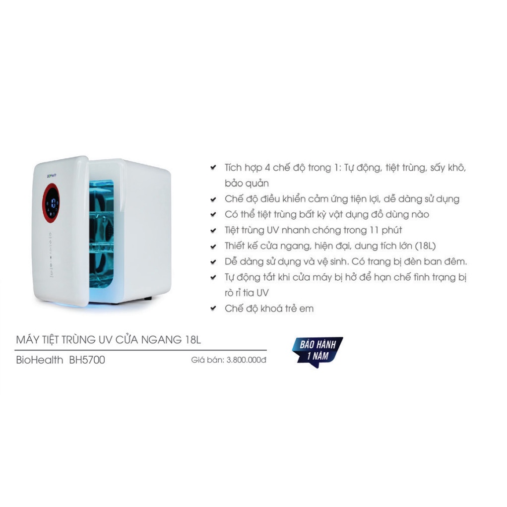 Máy Tiệt Trùng UV Cửa Ngang Biohealth BH5700 - Tắt Máy Tự Động- Cảm Ứng Tiện Lợi - Dung Tích Lớn