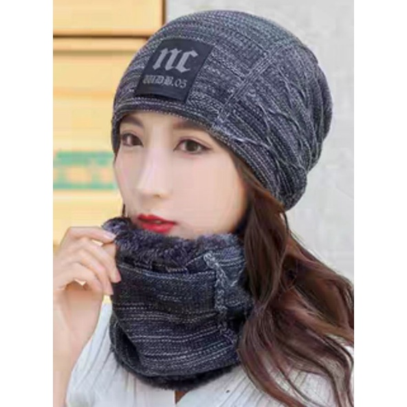 Nón len nữ mũ giữ ấm tặng kèm khăn choàng cổ y hình thời trang Hàn Quốc
