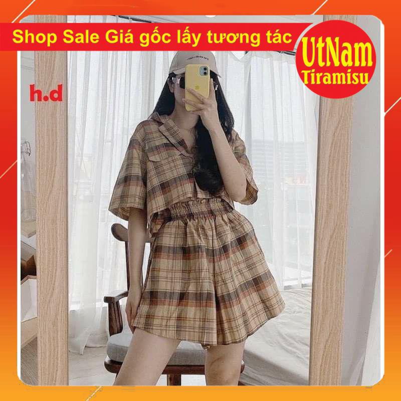 ( Ảnh thật và video shop tự quay) Sét váy nữ hai món gồm áo croptop kẻ + quần giả váy dáng ngắn form thụng unisex giá rẻ