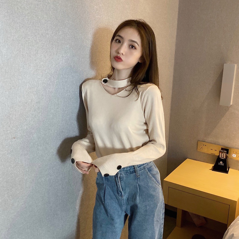 Xiaozhainv Áo len nữ tay dài cổ V dây nút phá cách phong cách Hàn