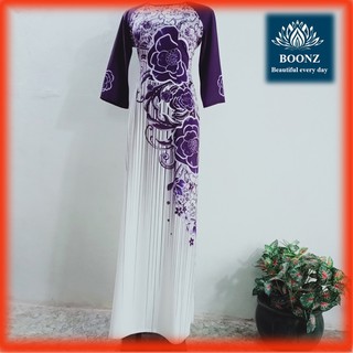 (HÌNH+VIDEO THẬT) Áo dài truyền thống nền trắng in hoa tím của Boonz mang nét đẹp dịu dàng của tà áo dài Việt